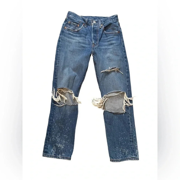 Levis 501 Distressed Jeans with Ripped Knees and Button Fly Size W 24 L 26 - Picture 1 of 11